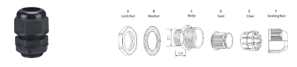 ก้านเกลียวสายไฟไนลอนแบบแบ่งส่วนพร้อมระบบบรรเทาแรงดึงสูง