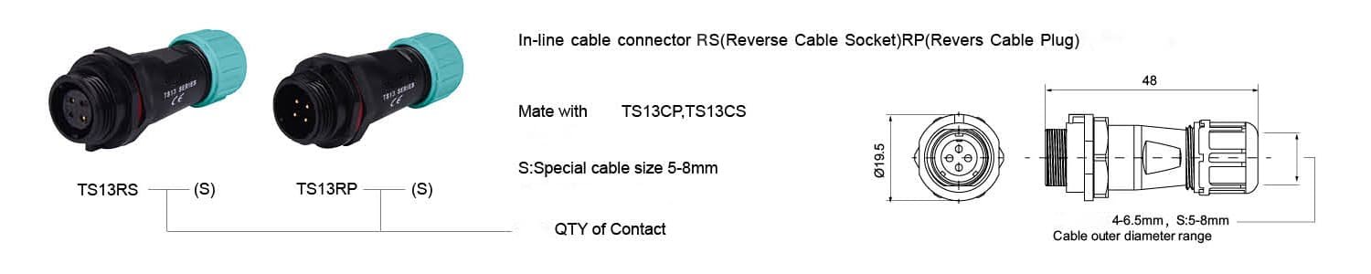 13A In-line kontakt för högström, TS13RS/RP IP68