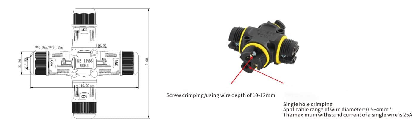 4cestný vodotěsný konektor, IP68 Křížový spojovací konektor