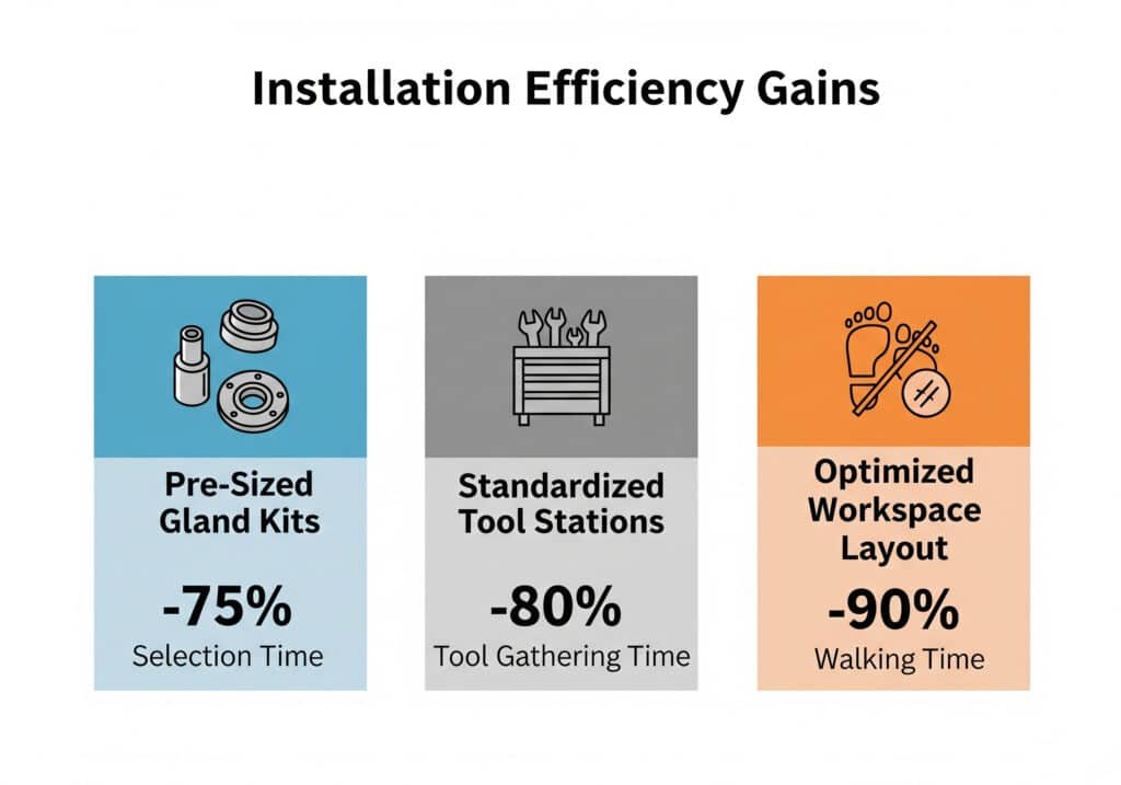 An infographic titled "Installation Efficiency Gains" shows three improvements: pre-sized gland kits reducing selection time by 75%, standardized tool stations cutting tool gathering time by 80%, and optimized workspace layout eliminating 90% of walking time.