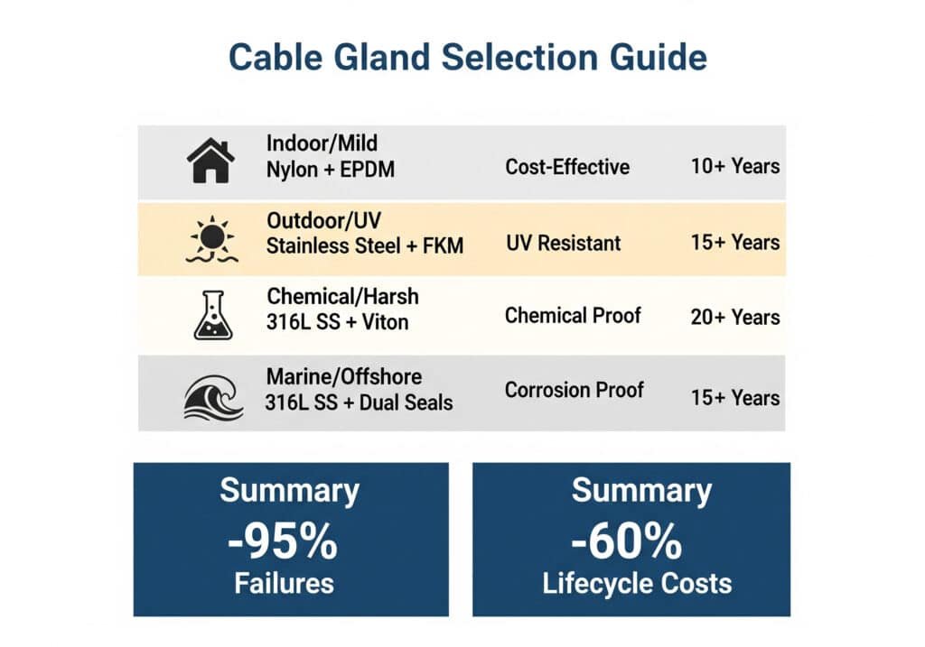 Biểu đồ infographic có tiêu đề "Hướng dẫn lựa chọn ống nối cáp" đề xuất các vật liệu cụ thể cho các môi trường khác nhau—chẳng hạn như nylon cho sử dụng trong nhà và thép không gỉ cho các ứng dụng ngoài trời, hóa chất hoặc hàng hải—và nhấn mạnh rằng việc lựa chọn đúng đắn có thể ngăn chặn 95% sự cố và giảm chi phí vòng đời xuống 60%.