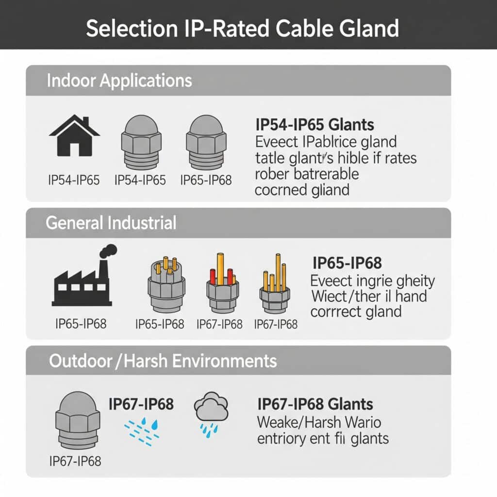 An infographic guides the selection of IP-rated cable glands by recommending specific ranges for indoor (IP54-IP65), general industrial (IP65-IP68), and outdoor or harsh environments (IP67-IP68), each illustrated with relevant icons.