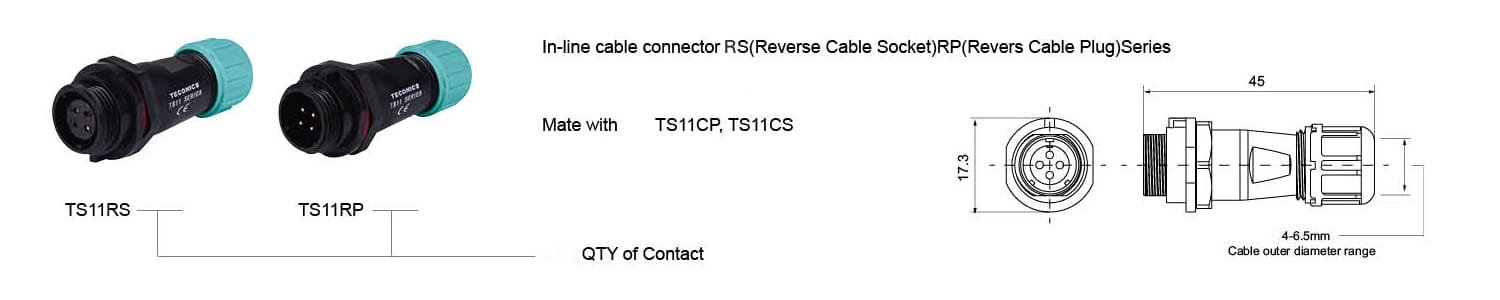 In-line Kabelstecker, TS11RS Buchse & TS11RP Stecker, IP68