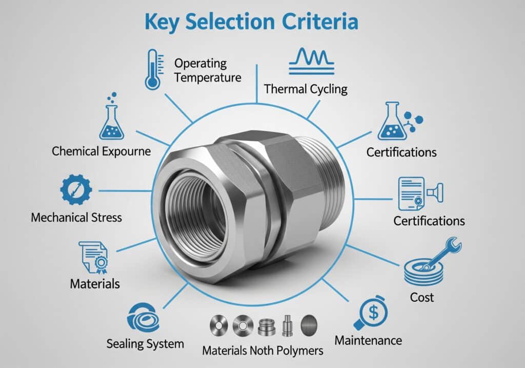 Инфографика отображает центральный высокотемпературный кабельный ввод, окруженный значками, которые представляют ключевые критерии выбора, включая рабочую температуру, термоциклирование, химическое воздействие, механические нагрузки, сертификаты, материалы, систему уплотнения, стоимость и техническое обслуживание.