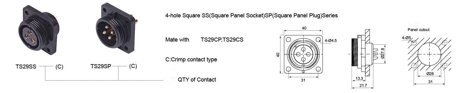 Connecteur d'alimentation à bride carrée, prise TS29SS et fiche TS29SP