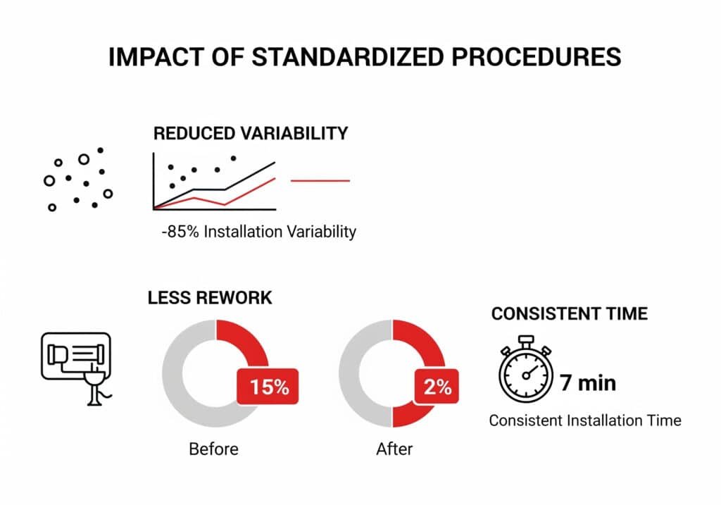 An infographic titled "Impact of Standardized Procedures" demonstrates an 85% reduction in installation variability, a drop in rework from 15% to 2% shown in pie charts, and a consistent 7-minute installation time.