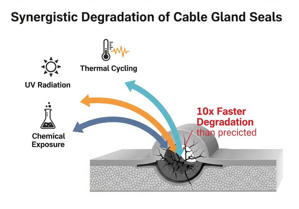 Một infographic có tiêu đề "Sự phân hủy cộng hưởng của các miếng đệm ống cáp" minh họa tác động kết hợp của tia UV (biểu tượng mặt trời), chu kỳ nhiệt (biểu tượng nhiệt kế với chu kỳ) và tiếp xúc hóa chất (biểu tượng ống nghiệm) gây ra sự phân hủy của miếng đệm ống cáp, nhấn mạnh tốc độ phân hủy nhanh gấp 10 lần so với dự đoán của các thử nghiệm trong phòng thí nghiệm.