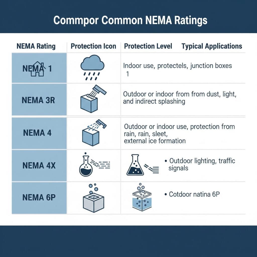 Um gráfico infográfico detalha as classificações NEMA comuns (NEMA 1, 3R, 4, 4X, 6P), com cada linha apresentando um ícone de proteção, uma descrição do nível de proteção e aplicações típicas para orientar a seleção.
