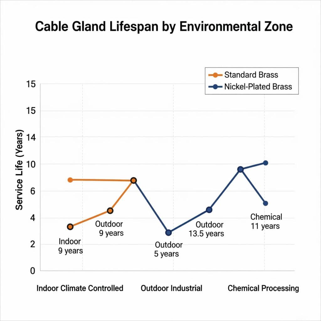Un gráfico de líneas titulado "Vida útil de los prensaestopas por zona medioambiental" compara la vida útil en años del "latón estándar" (línea naranja con marcadores circulares) y el "latón niquelado" (línea azul con marcadores circulares) en tres zonas medioambientales: "Climatización interior controlada", "Industria exterior" y "Procesamiento químico". En la zona "Climatización interior controlada", el latón estándar dura aproximadamente 9 años, mientras que el latón niquelado dura unos 15 años. En la zona "Industrial exterior", el Latón estándar dura unos 5 años, y el Latón niquelado unos 13,5 años. En la zona de "Procesamiento químico", la vida útil del latón estándar es de unos 2,5 años, y la del latón niquelado, de unos 11 años. Hay algunas incoherencias en las etiquetas de los datos del gráfico.