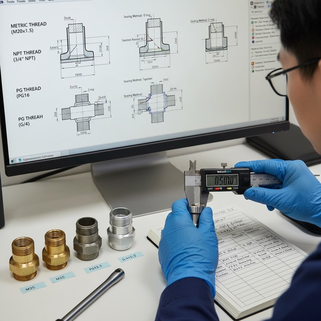 An engineer in blue gloves measures a cable gland component with digital calipers while reviewing a computer screen displaying detailed diagrams of various thread types (Metric, NPT, PG, G-thread) and their sealing methods. Several different cable glands are laid out on the desk, illustrating the importance of precise dimensional and thread specifications.