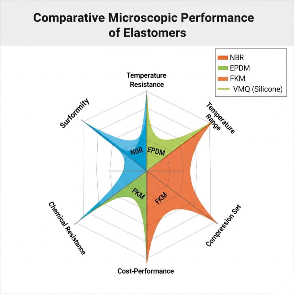 Радарната диаграма, озаглавена "Сравнителни микроскопски характеристики на еластомерите", сравнява свойствата на NBR, EPDM, FKM и VMQ (силикон) по пет оси: Съответствие на повърхността, температурен диапазон, химическа устойчивост, устойчивост на натиск и съотношение цена-качество. Графиката визуално подчертава различните силни страни на всеки материал, като например отличното съответствие на повърхността на EPDM или високотемпературната и химическа устойчивост на FKM.