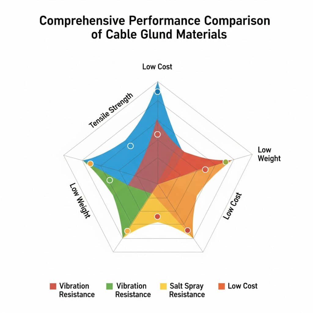 Радарна диаграма, озаглавена "Изчерпателно сравнение на характеристиките на материалите за кабелни жлебове", която има за цел да сравни различните материали по показатели като якост на опън, ниско тегло и ниска цена. Диаграмата обаче е представена със значителни грешки, включително дублирани и неправилно обозначени оси и объркваща легенда, което прави невъзможно точното сравнение на материалите.