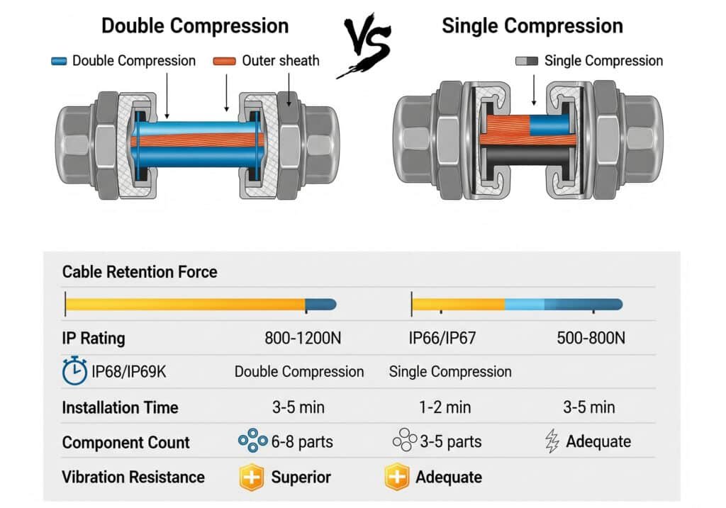 Eine Infografik, die Kabelverschraubungen mit doppelter und einfacher Kompression vergleicht, mit nebeneinander liegenden Querschnittsdiagrammen und einem detaillierten Diagramm, das wichtige Leistungskennzahlen wie Haltekraft, IP-Schutzart, Installationszeit und Vibrationsfestigkeit vergleicht.