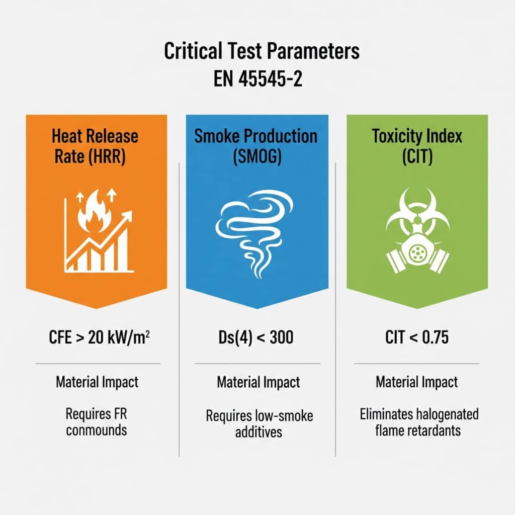 Bagan infografis merinci parameter uji kritis untuk EN 45545-2, yang dibagi menjadi tiga bagian dengan kode warna: Laju Pelepasan Panas (HRR) berwarna oranye, Produksi Asap (SMOG) berwarna biru, dan Indeks Toksisitas (CIT) berwarna hijau, masing-masing dengan parameter utama dan dampak materialnya.