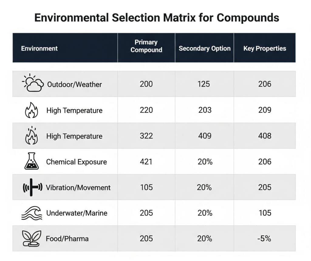 "A vegyületek környezeti kiválasztási mátrixa" című infografikus táblázat, amely felsorolja a különböző környezeteket, mint például a kültéri/időjárás, magas hőmérséklet, vegyi expozíció, rezgés/mozgás, víz alatti/tengeri és élelmiszer/gyógyszeripar, valamint az elsődleges és másodlagos vegyületválasztékokat és azok legfontosabb tulajdonságait.