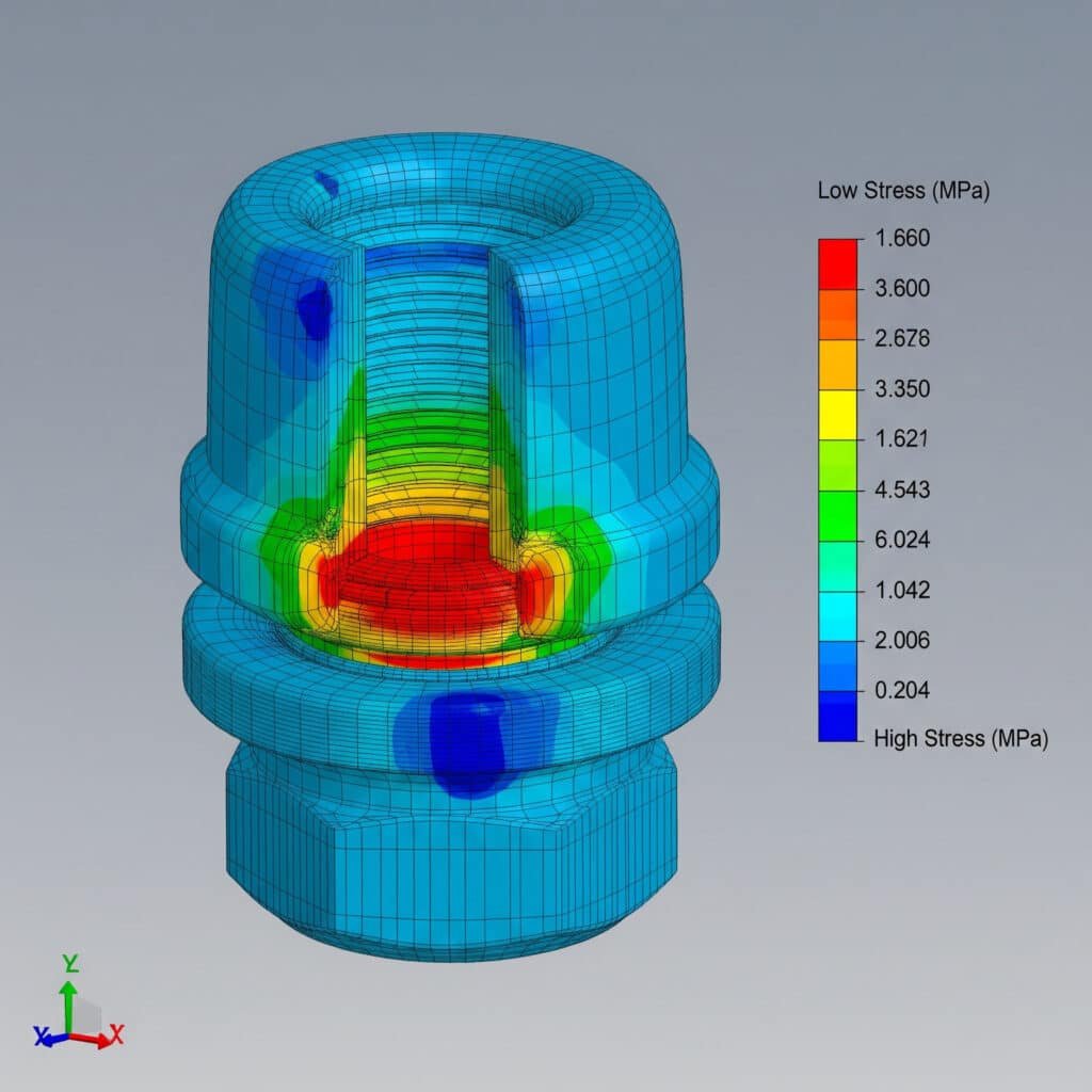 A 3D Finite Element Analysis (FEA) model of a cable gland. The image uses a color-coded stress map, ranging from blue (low stress) to red (high stress), to vividly illustrate how peak stresses are concentrated in small, specific areas of the component.