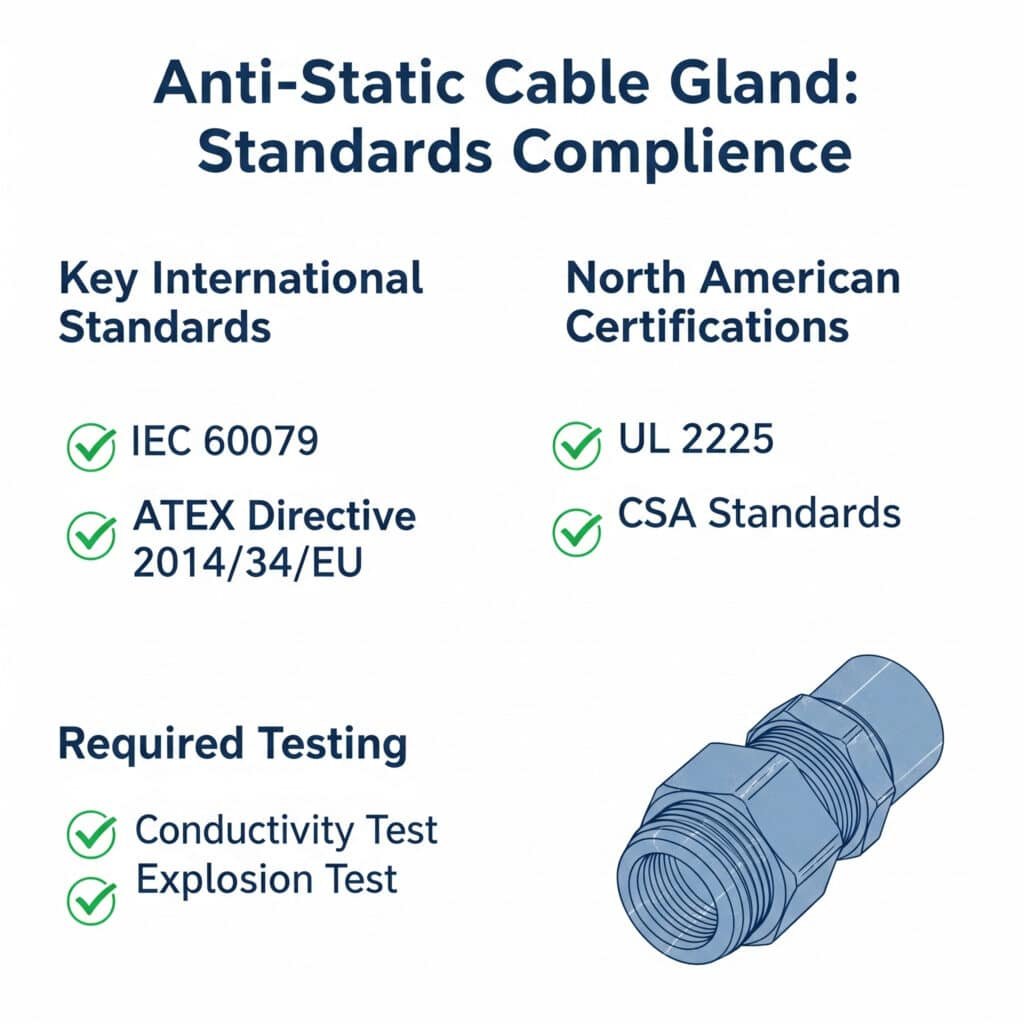 Infografiikka otsikolla "Antistaattinen kaapeliläpivienti: ja ATEX, Pohjois-Amerikan sertifioinnit, kuten UL 2225, sekä vaaditut testit, kuten johtavuus- ja räjähdystestit, ja kaikki kohdat on merkitty vihreällä valintamerkillä.