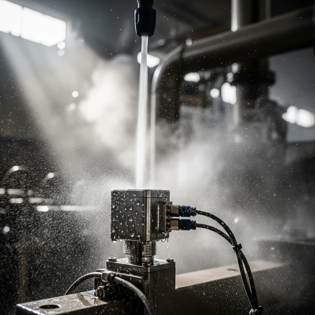 Nærbilde av et elektrisk industrikabinett som blir oversprøytet med vann, noe som understreker viktigheten av å velge riktig IP-klassifisering for fuktbeskyttelse.