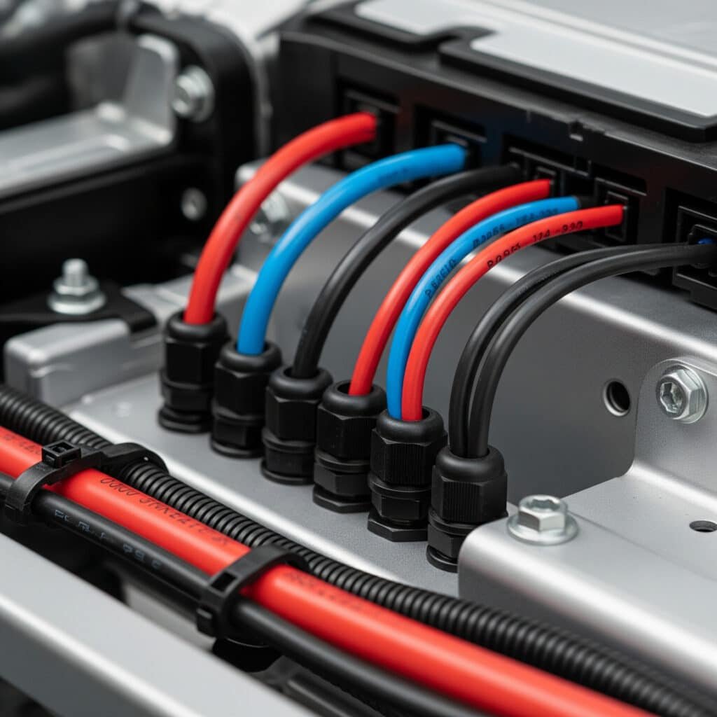 Близък план на няколко черни найлонови кабелни втулки, които обезопасяват цветни електрически кабели (червен, син, черен) при навлизането им в метален корпус в автомобилен или транспортен контекст, като подчертават ролята им за организация и защита.