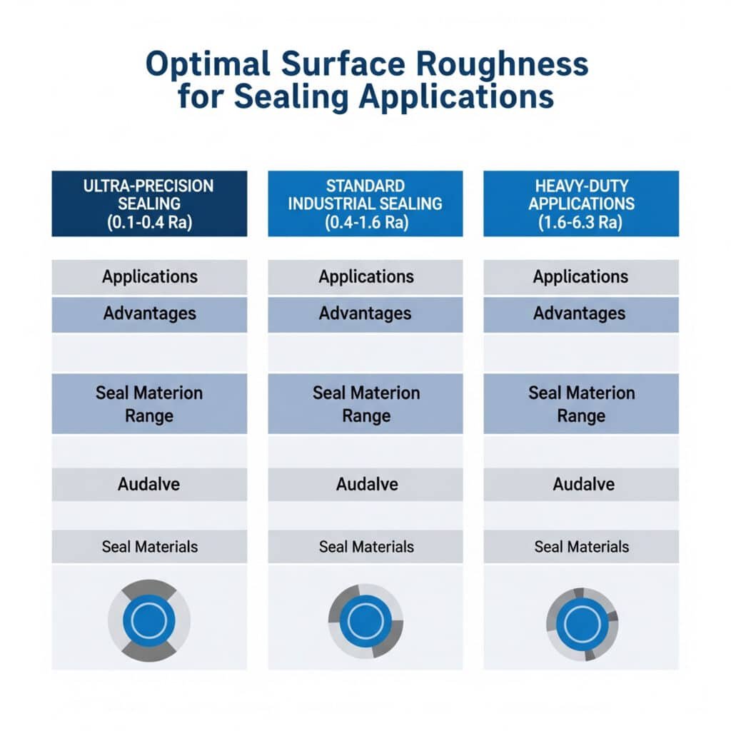 Инфографика, озаглавена "Оптимална грапавост на повърхността за приложения за уплътняване", която има за цел да категоризира приложенията за уплътняване в три типа: "Ултрапрецизно уплътняване (0,1-0,4 Ra)", "Стандартно промишлено уплътняване (0,4-1,6 Ra)" и "Приложения за тежки условия (1,6-6,3 Ra)". Много от етикетите в таблицата обаче, като например "Seal Materion Range" и "Audalve", са разбъркани, което прави невъзможно извличането на предвидената подробна информация.