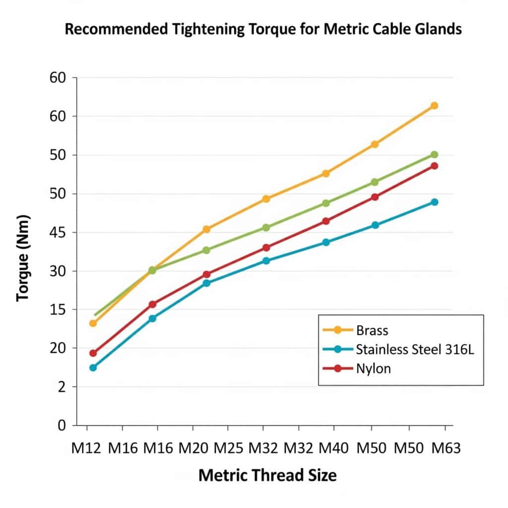 Линейна диаграма, озаглавена "Препоръчителен затягащ момент за метрични кабелни жлези", която има за цел да покаже как изискванията за затягащ момент се променят в зависимост от размера на резбата за месинг, неръждаема стомана и найлон. Диаграмата обаче съдържа няколко грешки: заглавието е изписано неправилно ("Glandes"), по оста x има дублиращи се етикети (напр. M25, M40), а изписаните линии не представят точно относителните стойности на въртящия момент за различните материали, както е описано в изходните данни.