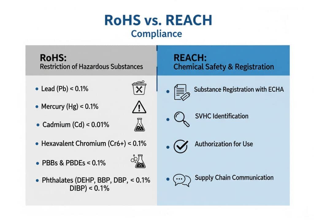 RoHS- ja REACH-säädöksiä vertaileva infografiikka, jossa esitetään RoHS:n rajoittamat vaaralliset aineet ja REACH:n laajemmat kemikaalien rekisteröinti- ja käyttöturvallisuustietovaatimukset.