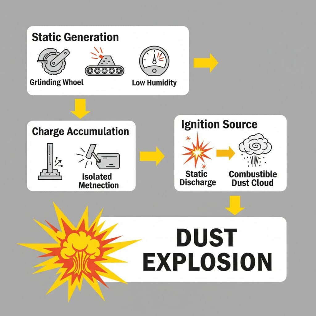 Virtauskaavio-infografiikka, joka havainnollistaa staattisen pölyräjähdyksen prosessia, joka alkaa staattisen sähkövarauksen syntymisestä ja kertymisestä, joka johtaa syttymislähteeseen (staattinen purkaus), joka sytyttää palavan pölypilven, mikä johtaa pölyräjähdykseen.