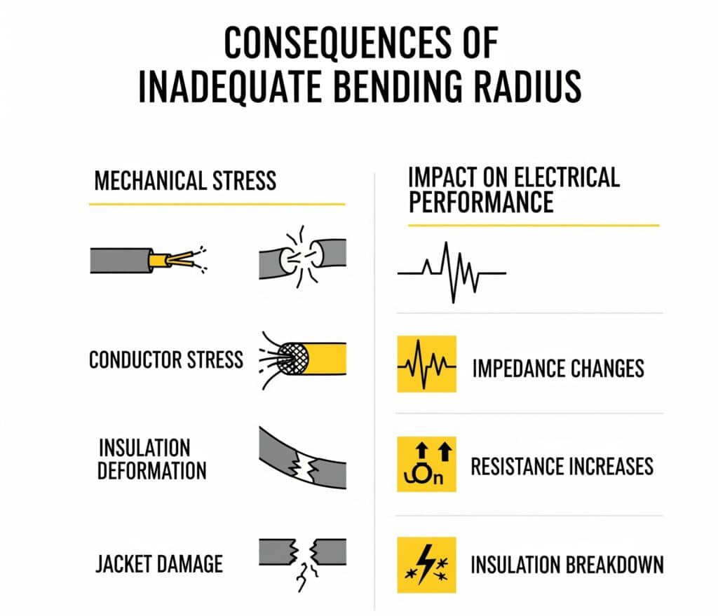Infografis berjudul "Konsekuensi dari Radius Tekuk yang Tidak Memadai," yang menguraikan efek negatif, dikategorikan ke dalam "Tekanan Mekanis" (seperti kerusakan konduktor dan jaket) dan "Dampak pada Kinerja Listrik" (seperti perubahan impedansi dan kerusakan isolasi).
