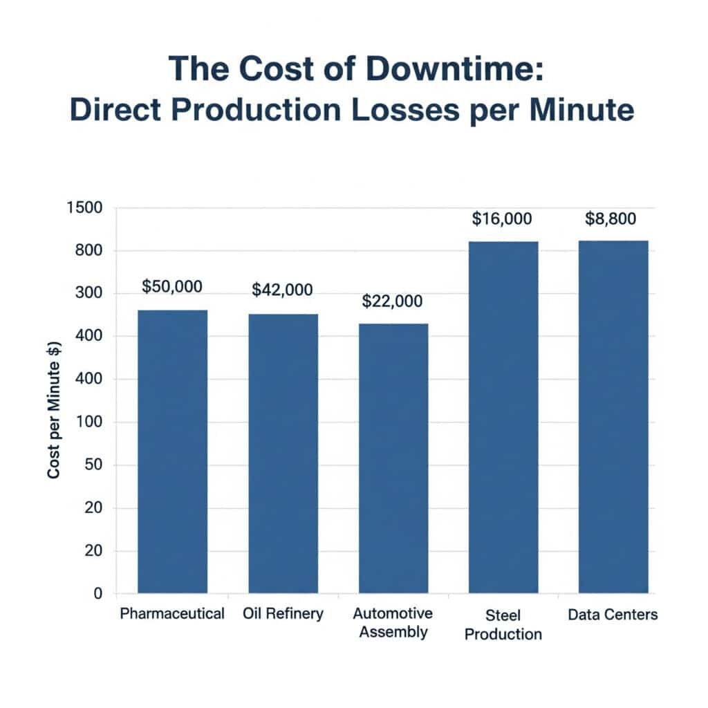 Stulpelinė diagrama "Prastovos kaina: Tiesioginiai gamybos nuostoliai per minutę" lyginamos penkių pramonės šakų prastovų sąnaudos. Stulpeliais pavaizduotos farmacijos ($50 000), naftos perdirbimo ($42 000), automobilių surinkimo ($22 000), plieno gamybos ($16 000) ir duomenų centrų ($8 800). Tačiau diagrama yra ydinga, nes joje yra beprasmė ir nenuosekli Y ašies skalė, todėl vizualiai duomenys pateikiami netiksliai.