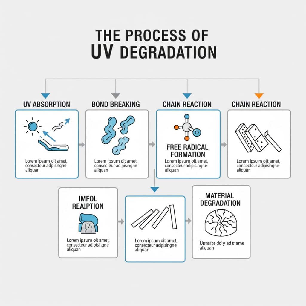 Инфографична схема, озаглавена "Процесът на UV разграждане". Тя илюстрира многоетапен процес, който трябва да покаже как UV радиацията уврежда материалите, като се започне с абсорбция на UV лъчите и разрушаване на връзките, което води до образуване на свободни радикали. Блок-схемата става объркваща с множество стъпки, обозначени като "Верижна реакция" и една "Свободна реакция", преди да завърши с "Деградация на материала", която показва напукана повърхност. Описанията под всяка стъпка се състоят от заместващ текст "Lorem ipsum".
