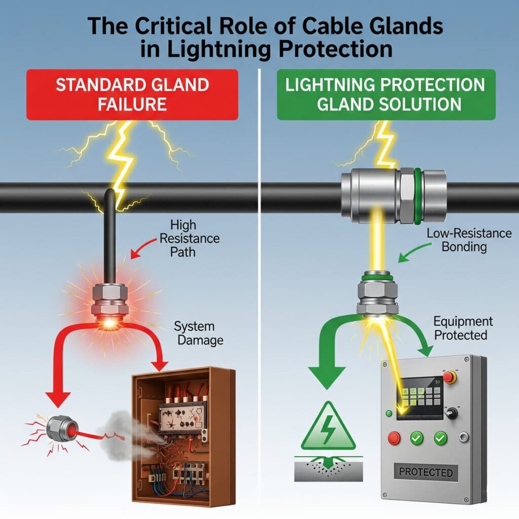 Um infográfico intitulado "The Critical Role of Cable Glands in Lightning Protection" (O papel fundamental dos prensa-cabos na proteção contra raios), apresentado como uma comparação dividida. À esquerda, um cenário de "FALHA DO GABINETE PADRÃO" é representado em vermelho, mostrando um raio seguindo um caminho de alta resistência através de um prensa-cabo padrão, levando a arcos, uma caixa de junção danificada e "danos ao sistema". À direita, uma "SOLUÇÃO DE PROTEÇÃO CONTRA RAIO" é mostrada em verde, ilustrando um raio sendo desviado com segurança através de um prensa-cabo de ligação de baixa resistência para o solo, protegendo o "Equipamento Protegido"."