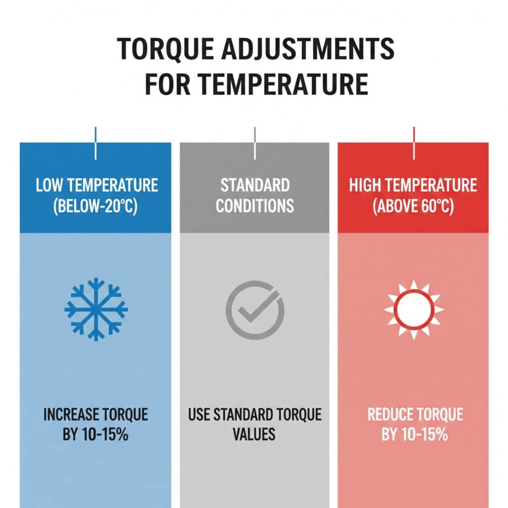 Инфографика, озаглавена "Корекции на въртящия момент в зависимост от температурата". Тя показва три условия: за ниски температури (под -20°C) въртящият момент трябва да се увеличи с 10-15%; за стандартни условия трябва да се използват стандартните стойности на въртящия момент; за високи температури (над 60°C) въртящият момент трябва да се намали с 10-15%.