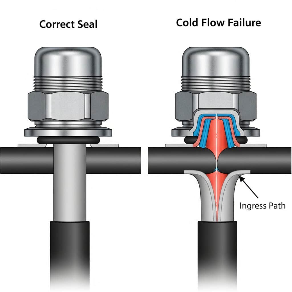 O ilustrație tehnică care compară o "etanșare corectă" într-o glandă de cablu cu un "eșec de curgere la rece", în care mantaua cablului s-a deformat sub presiune, creând o "cale de intrare" care compromite etanșarea.