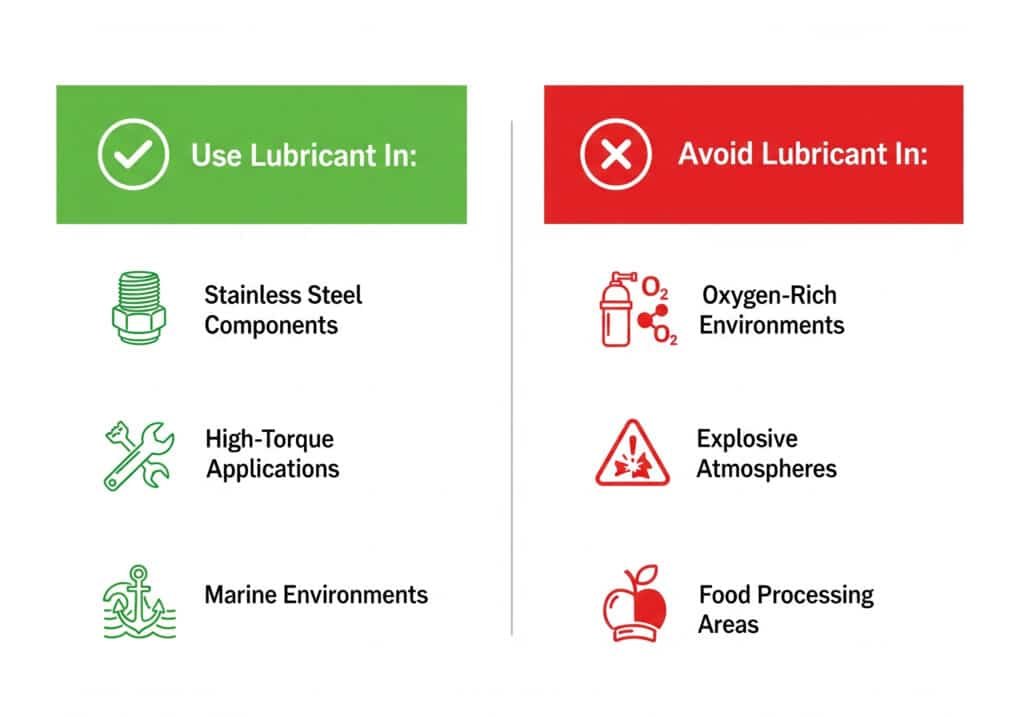 Разделенная инфографика с зелеными и красными секциями, указывающими, в каких случаях следует использовать смазку для кабельных вводов, а в каких нет. На зеленой стороне перечислены сценарии "Использовать смазку" с пиктограммами для компонентов из нержавеющей стали, высокомоментных применений и морской среды. На красной стороне перечислены сценарии "Избегайте применения смазки" с пиктограммами для сред с высоким содержанием кислорода, взрывоопасных сред и зон обработки пищевых продуктов.
