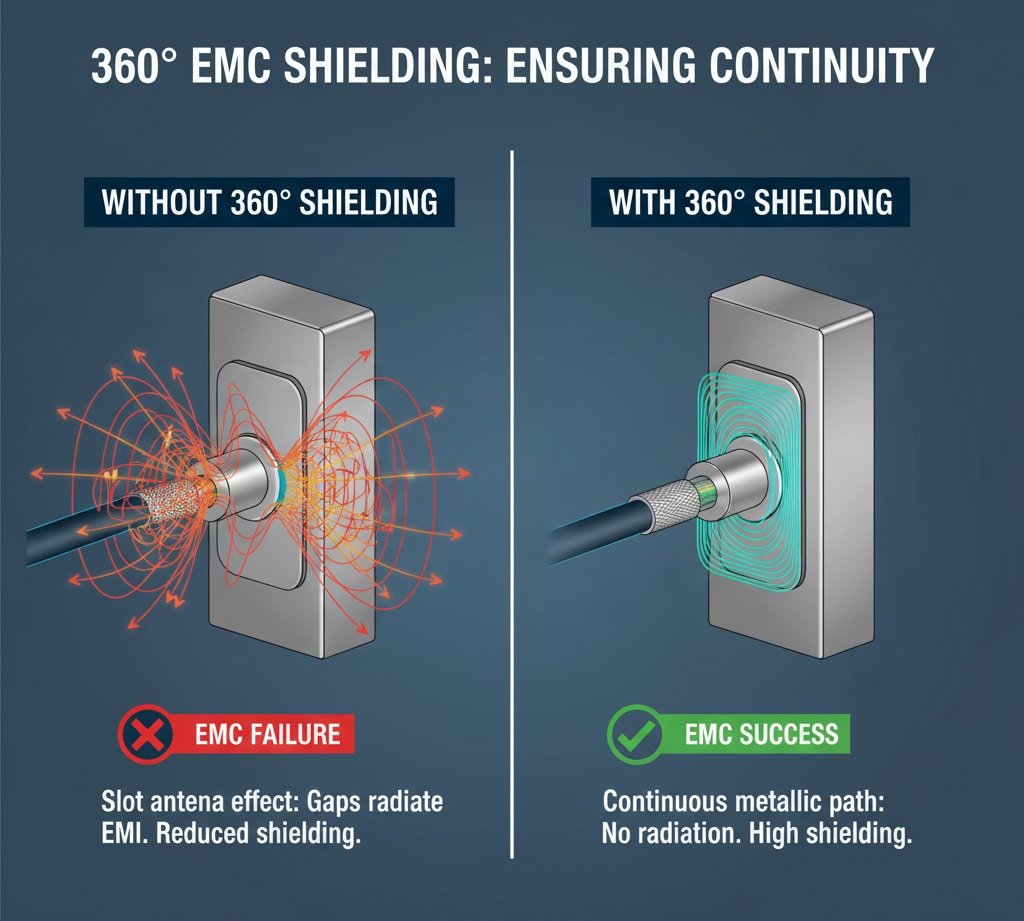 電磁界が外部に放射される適切なシールドのないケーブルグランド（EMC Failure）と、導通が確保され放射のない完全なシールドのあるケーブルグランド（EMC Success）を比較し、360°EMCシールドの概念を示す図。