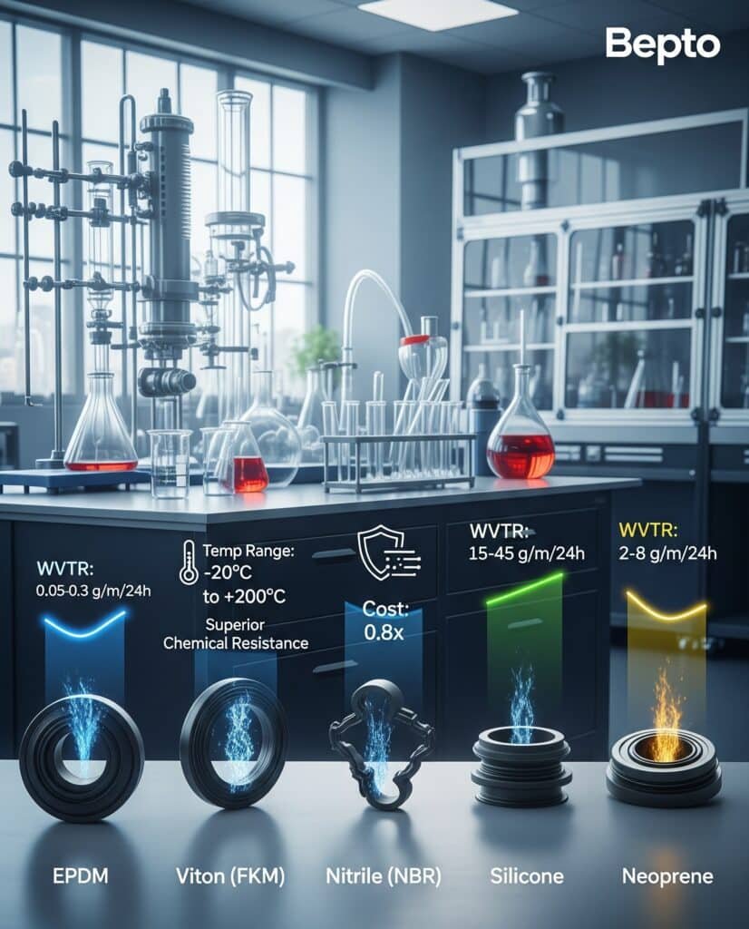 Five distinct seal materials—EPDM, Viton (FKM), Nitrile (NBR), Silicone, and Neoprene—are displayed in a row inside a modern laboratory setting. Above each material, holographic data visualizations highlight its key properties discussed in the article. For instance, EPDM and Viton show low WVTR graphs, while Silicone's graph indicates high permeability. All text labels for the materials and their properties are in English and accurately spelled, providing a quick, comparative visual reference. The Bepto logo is visible in the corner.