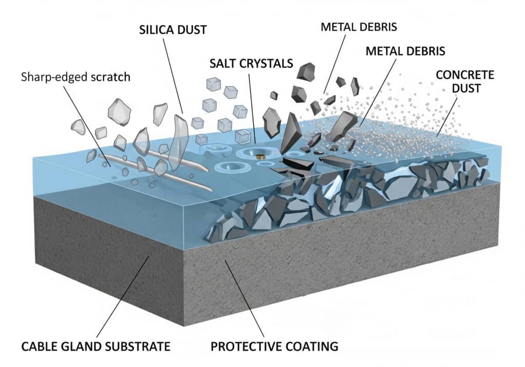 A 3D cutaway diagram of a cable gland substrate with a protective coating, showing various abrasive particles like "SILICA DUST," "SALT CRYSTALS," "METAL DEBRIS," and "CONCRETE DUST" impacting and damaging the coating surface, illustrating different wear patterns.