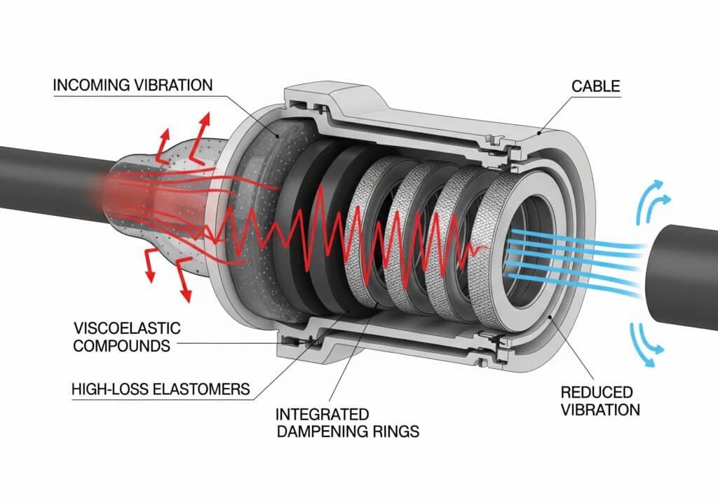 A cutaway diagram of an acoustic cable gland showing "INCOMING VIBRATION" (red waves) being absorbed by internal components such as "VISCOELASTIC COMPOUNDS," "HIGH-LOSS ELASTOMERS," and "INTEGRATED DAMPENING RINGS," resulting in "REDUCED VIBRATION" (blue lines) exiting the gland.