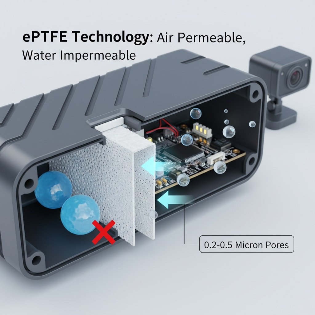 O diagramă cu decupaj a unei incinte electronice de exterior care prezintă o membrană ePTFE. Membrana are un text care indică "pori de 0,2-0,5 microni". Săgețile albastre ilustrează pătrunderea aerului prin membrană în incintă, în timp ce un "X" roșu indică faptul că picăturile de apă supradimensionate sunt blocate, subliniind capacitatea ePTFE de a permite schimbul de aer, prevenind în același timp pătrunderea apei în echipamentele electronice de exterior.