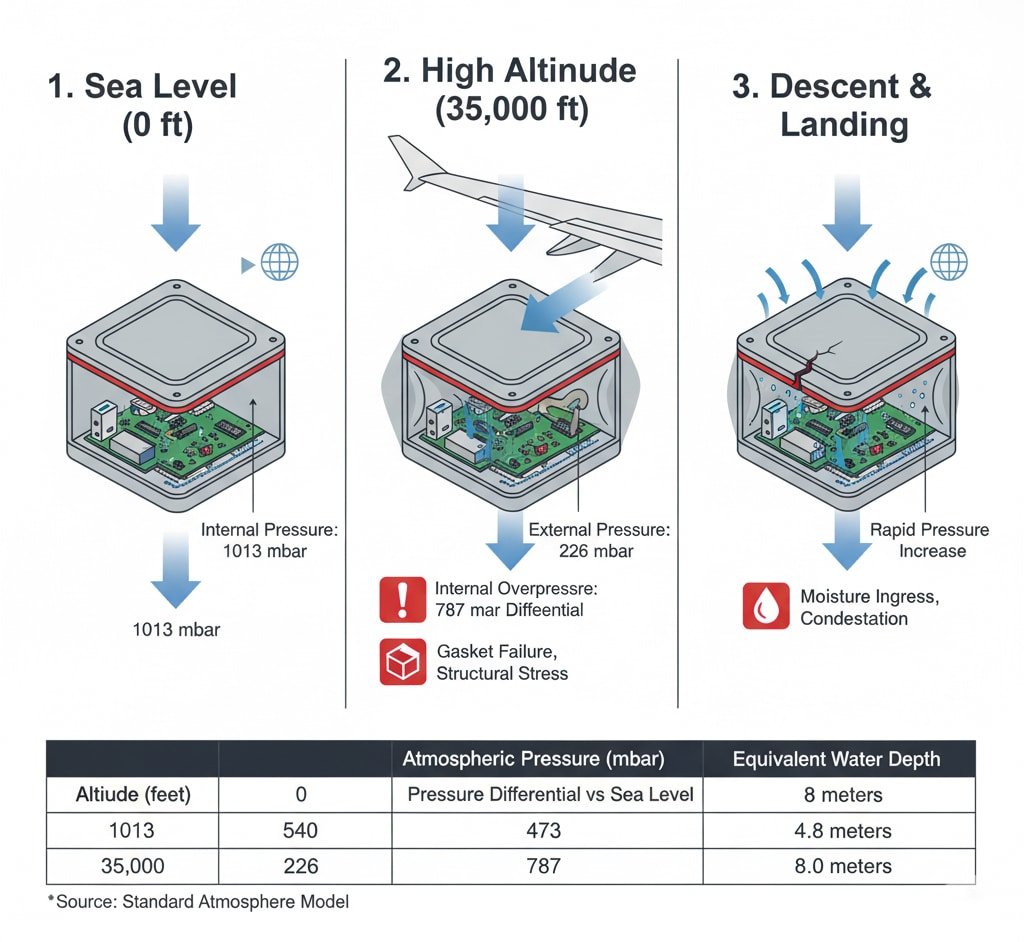 Trīs paneļu diagramma, kas ilustrē augstuma un spiediena ietekmi uz hermētiskiem elektroniskiem korpusiem. Pirmajā panelī "1. Jūras līmenis (0 pēdas)" attēlots korpuss ar 1013 mbar iekšējo un ārējo spiedienu. Otrajā panelī "2. Liels augstums (35 000 pēdu)" ir attēlota lidmašīna virs korpusa ar samazinātu ārējo spiedienu (226 mbar), kas izraisa "Iekšējo pārspiedienu: 787 mbar starpība", "Starplikas bojājumu" un "Struktūras spriegumu". Trešajā panelī "3. Nolaišanās un piezemēšanās" redzams pieaugošs ārējais spiediens, kas izraisa "Mitruma iekļūšanu, kondensāciju". Tabulā zemāk sniegta sīkāka informācija par "Atmosfēras spiedienu (mbar)" un "Ekvivalentu ūdens dziļumu" dažādos augstumos, uzsverot hermētiski noslēgtās elektronikas sasprindzinājumu.