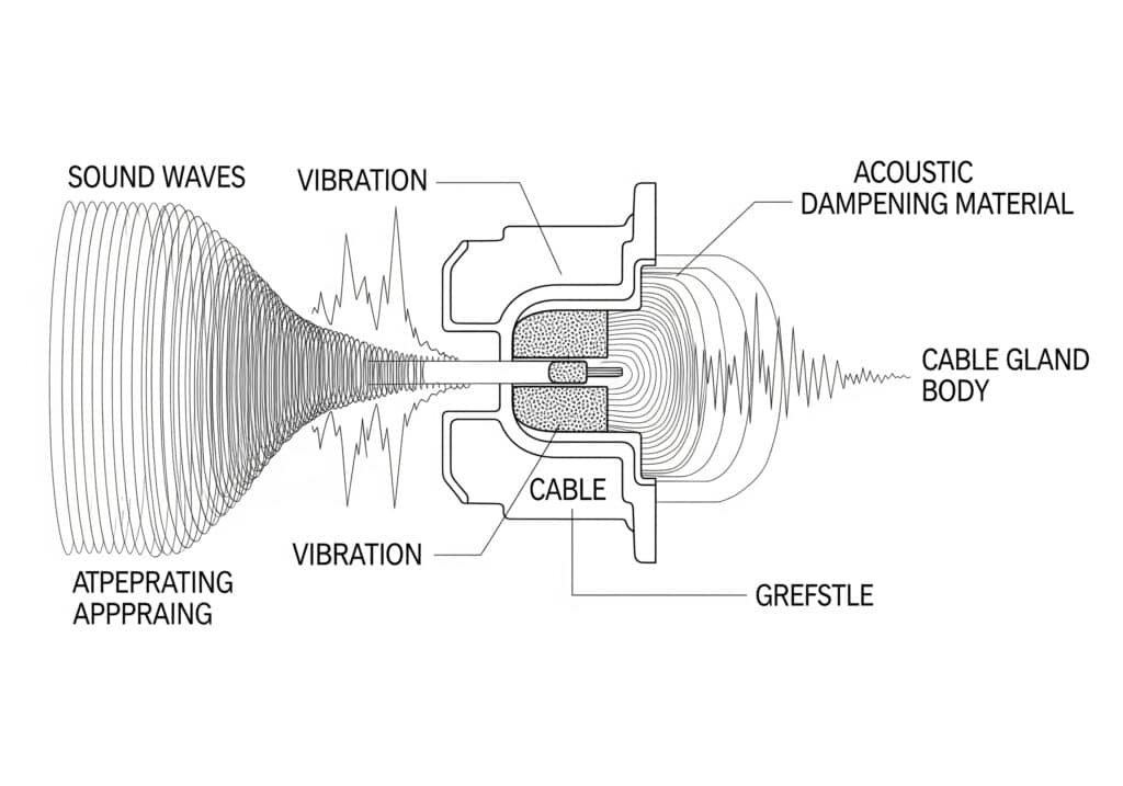 A detailed cross-section diagram of a cable gland illustrating how it mitigates sound and vibration. Labels indicate "SOUND WAVES" and "VIBRATION" entering the gland, an "ACOUSTIC DAMPENING MATERIAL" surrounding the "CABLE," and reduced "VIBRATION" and sound waves exiting, demonstrating its sound control properties.