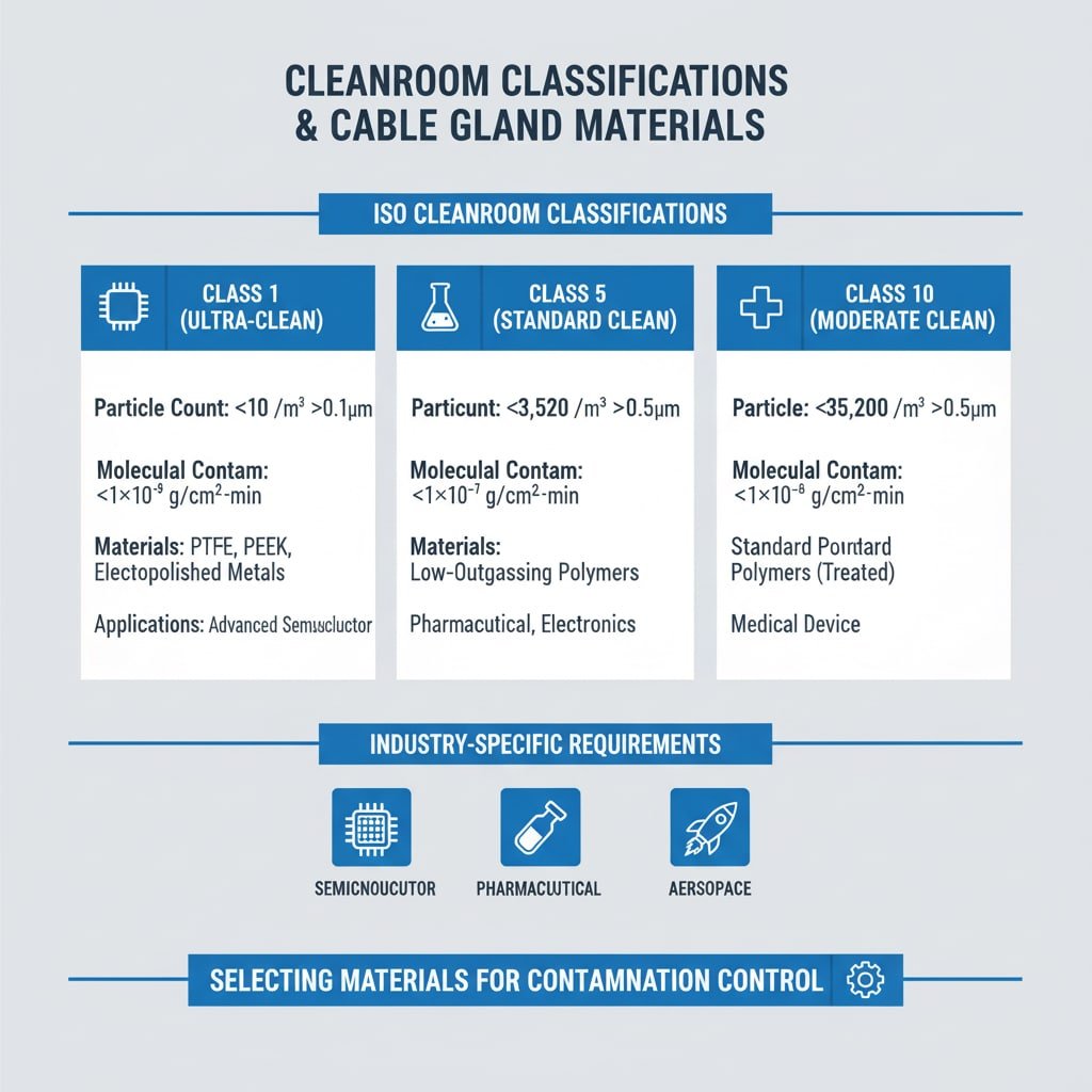 A diagram outlining cleanroom classifications (ISO Class 1, Class 5, Class 10) with their respective particle count and molecular contamination limits, recommended cable gland materials, and application examples, along with industry-specific requirements.