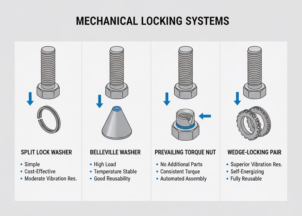 Bagan perbandingan yang menunjukkan empat jenis sistem penguncian mekanis: Mesin Cuci Kunci Terpisah, Mesin Cuci Belleville, Mur Torsi yang Berlaku, dan Pasangan Pengunci Baji, masing-masing dengan diagram tampilan ledakan perakitan dengan baut, bersama dengan poin-poin penting yang merinci fitur-fitur utamanya. Di bawah ini, sebuah tabel menyediakan "PERBANDINGAN KINERJA" untuk berbagai sistem, termasuk "Wedge-Locking Pair" di seluruh kriteria seperti "Ketahanan Getaran," "Kisaran Temperatur," dan "Faktor Biaya." Semua teks, termasuk judul utama "SISTEM PENGUNCI MEKANIS," dalam bahasa Inggris yang akurat.