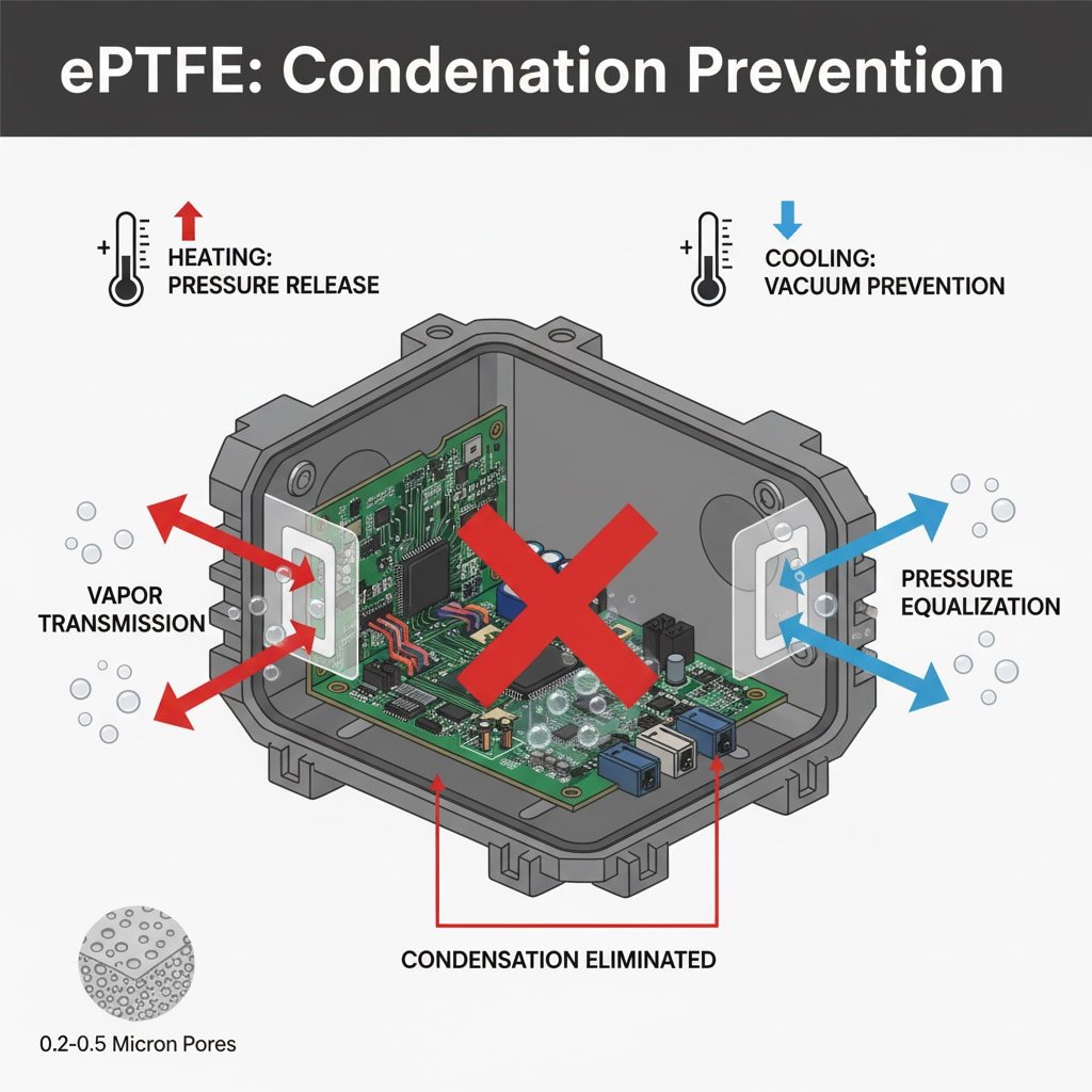 O diagramă tehnică care ilustrează modul în care membranele ePTFE previn condensul într-o carcasă electronică. Săgețile roșii reprezintă "TRANSMITEREA VAPORULUI" și "ÎNCĂLZIRE: ELIBERAREA PRESIUNII", care arată evacuarea umidității și eliberarea presiunii. Săgețile albastre reprezintă "EGALIZAREA PRESIUNII" și "RĂCIRE: PREVENIREA VACUUMULUI", indicând presiunea echilibrată și prevenirea acumulării de vid. Un "X" roșu mare deasupra umidității interne evidențiază "CONDENSARE ELIMINATĂ", explicând vizual funcția dublă a membranei de prevenire a acumulării de umiditate și de egalizare a presiunii.