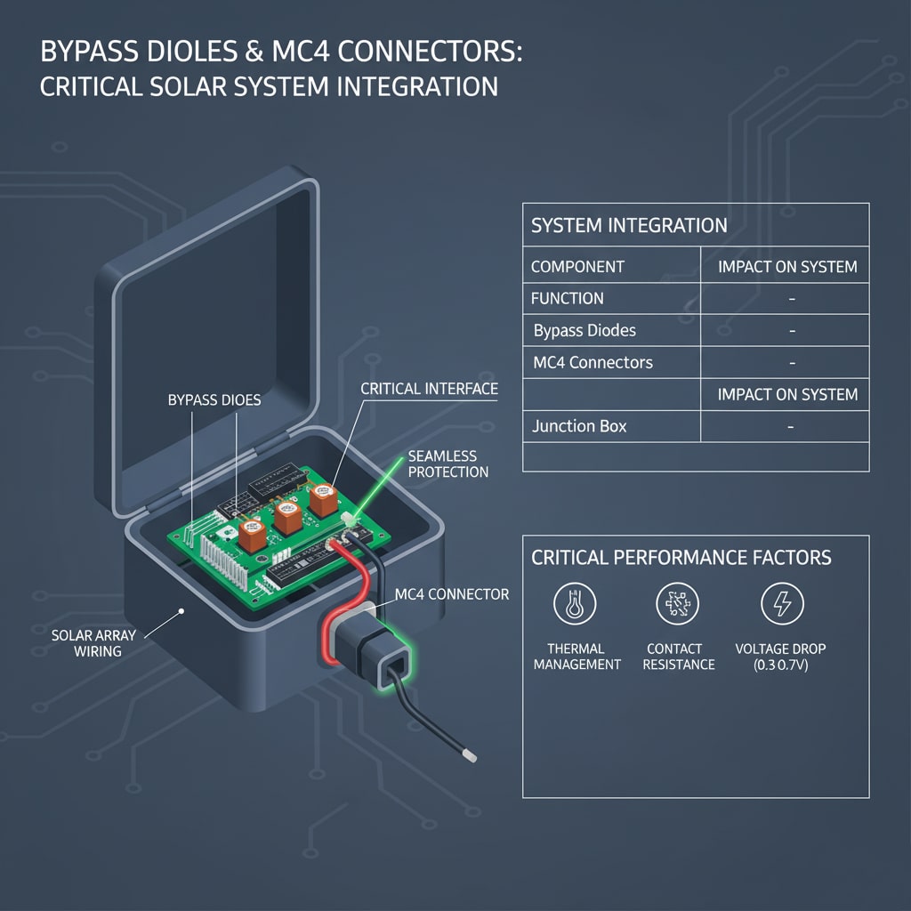 Infografika pod naslovom "BYPASS DIODE I MC4 SPOJNICE: KRITICNA INTEGRACIJA SOLARNOG SISTEMA", postavljena na pozadinu tiskane pločice, ilustrira međusobnu povezanost ključnih komponenti. Središnja slika prikazuje otvorenu razvodnu kutiju koja otkriva zelenu tiskanu pločicu s istaknutim "BYPASS DIODAMA". Crni "MC4 konektor" pričvršćen je na razvodnu kutiju, iz koje se protežu crveno-crni "kablovi solarne instalacije". Zelena svjetlost i tekst "KRITIČNO SUČELJE" i "NEPREKINUTA ZAŠTITA" ističu točku povezivanja. S desne strane, tablica za "INTEGRACIJU SUSTAVA" detaljno prikazuje "SKLOPNU", "FUNKCIJU" i "UTJECAJ NA SUSTAV" za diode za zaobilaženje, MC4 priključke i razvodnu kutiju. Ispod toga navedeni su "KRITČNI ČIMBENICI PERFORMANSI" s ikonama: "TERMIČKO UPRAVLJANJE", "KONTAKTNI OTPOR" i "PAD NAPONA (0,3-0,7 V)"."
