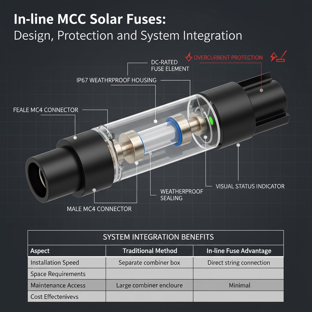 Detaljan presjek "Ugrađenog MC4 solarnog osigurača: dizajn, zaštita i integracija u sustav." Prikazuje unutarnji "DC-RATED FUSE ELEMENT" smješten u "IP67 WEATHERPROOF HOUSING" s "WEATHERPROOF SEALING." Vidljivi su "FEMALE MC4 CONNECTOR" i "MALE MC4 CONNECTOR", zajedno s "VISUAL STATUS INDICATOR." Također je prikazano kako osigurač pruža "ZAŠTITU OD PREKORAČENOG STRUJANJA". Ispod je u tablici navedeno "PREDNOSTI INTEGRACIJE U SISTEMU" koje uspoređuju tradicionalne metode s prednostima ugrađenog osigurača u aspektima poput "Brzine instalacije" i "Potrebnog prostora"."