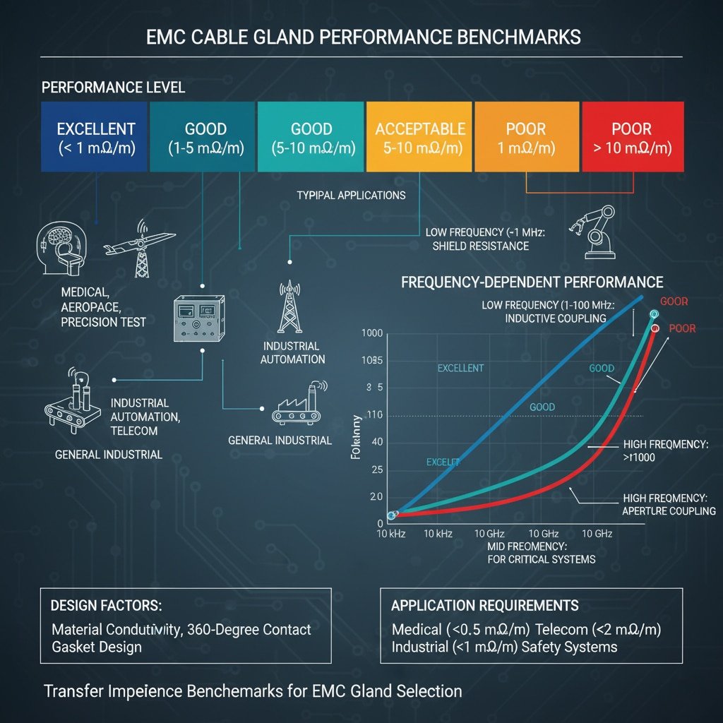 Сравнителни показатели за производителността на кабелните жлези за електромагнитна съвместимост, илюстриращи различни нива на производителност (отлична, добра, приемлива, слаба) със съответните диапазони на трансферния импеданс и типични приложения. Графиката показва честотно-зависимите характеристики за различните честотни диапазони (ниски, средни, високи), заедно с раздел за факторите за проектиране и изискванията за приложение. Диаграмата съдържа и текста "Сравнителни показатели за трансферния импеданс за избор на жлези за ЕМС".