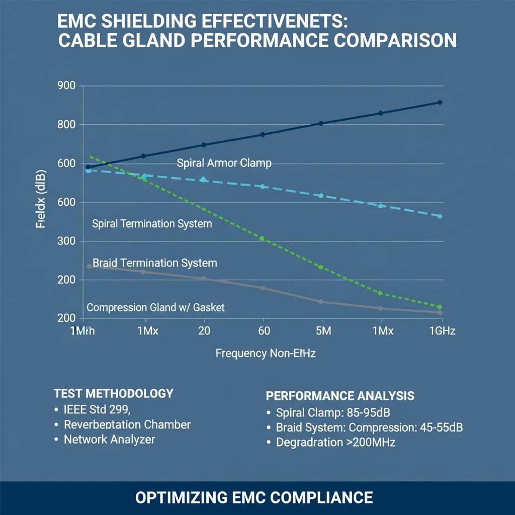 異なるケーブルグランド設計（スパイラルアーマークランプ、ブレイドターミネーションシステム、ガスケット付きコンプレッショングランド）のEMCシールド効果を1MHzから1GHzの周波数範囲で比較し、性能の違いを示した折れ線グラフ。