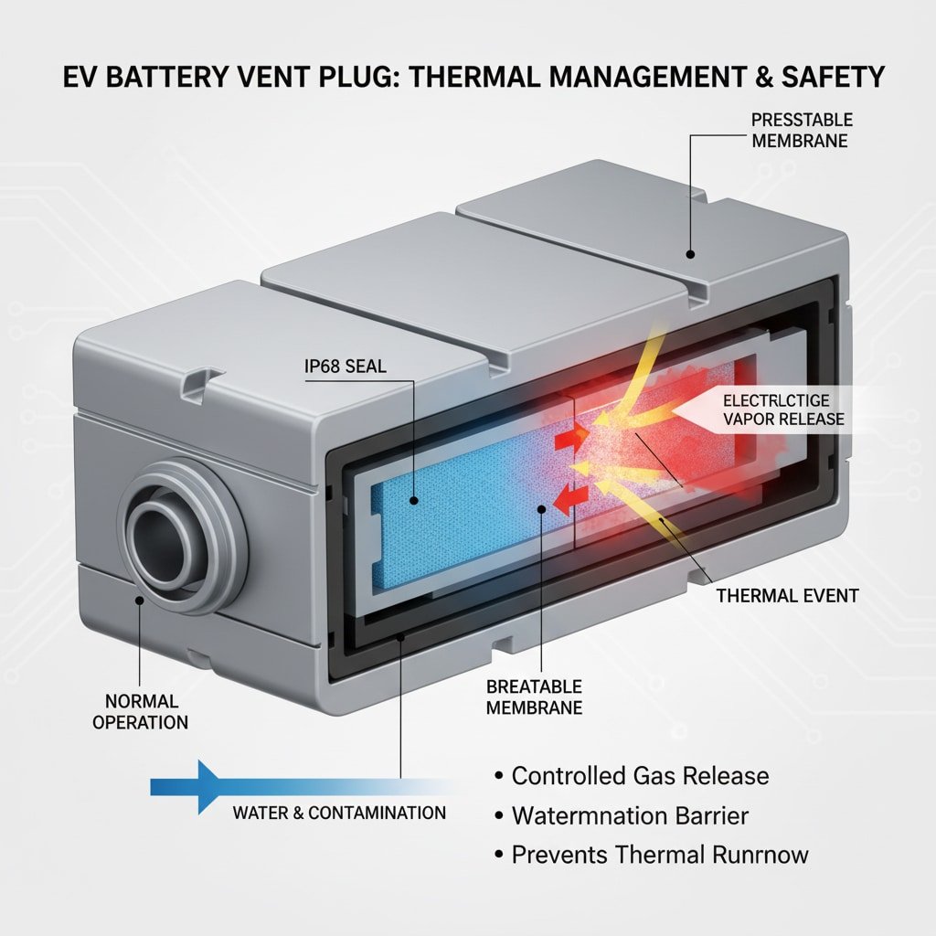 Az EV akkumulátor szellőződugójának 3D-s metszeti ábrája, amely a kettős funkciót szemlélteti. A bal oldalon a "NORMÁLIS MŰKÖDÉS" látható, ahol az "IP68 tömítés" és a "LÉLEGZHETŐ MEMBRAN" megakadályozza a "VÍZ és a szennyeződés" megjelenését. A jobb oldalon egy "HŐSZIVÁRGÁS" van ábrázolva, "ELEKTROLÍT VAPOR KIEGÉSZÍTÉSE" egy "NYOMÓSZERŰ MEMBRANE" segítségével a szabályozott gázkibocsátás érdekében. A legfontosabb funkciók a következők: "Ellenőrzött gázkibocsátás", "Szennyeződésgát" és "Termikus elszabadulás megakadályozása". Minden szöveg és címke jól látható és pontos angol nyelvű.