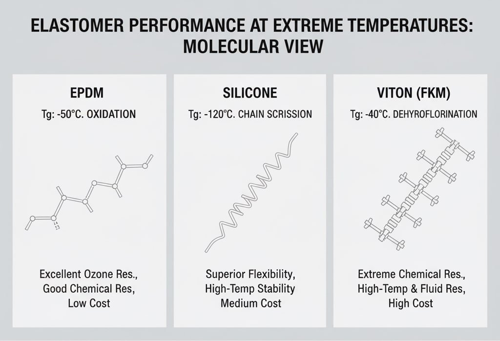 Un gráfico científico titulado "RENDIMIENTO DE LOS ELASTÓMEROS A TEMPERATURAS EXTREMAS: VISIÓN MOLECULAR". Presenta tres tipos diferentes de elastómeros: EPDM, SILICONA y VITON (FKM), cada uno con un diagrama de estructura molecular, sus respectivas temperaturas de transición vítrea (Tg) y breves descripciones de las prestaciones en inglés, como "Excellent Ozone Res." para el EPDM y "Superior Flexibility" para la silicona. A continuación, una tabla de "MATRIZ DE COMPARACIÓN DE PRESTACIONES" enumera propiedades como "Rango de temperaturas", "Resistencia química" y "Factor de coste" de los tres elastómeros. Todo el texto está presentado de forma clara y precisa en inglés.